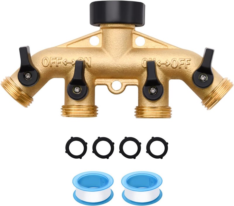LFSEMINI 1 Pack 4 Way Hose Splitter, Heavy Duty Brass Garden Hose Splitter, for 3/4" Hose Connector, Brass Garden Hose Manifold with Rubber Washers & Tapes(1 pack 4 way) - Image 1